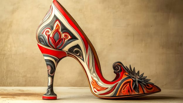 High heel shoe with a bold, intricate design in red, orange, black, and white, standing on a table against a textured background, showcasing its unique craftsmanship and fashionable appeal