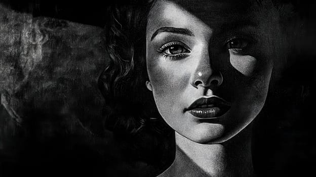 Dramatic black and white portrait featuring a woman with wavy hair, partially obscured by shadows, creating a mysterious and evocative atmosphere