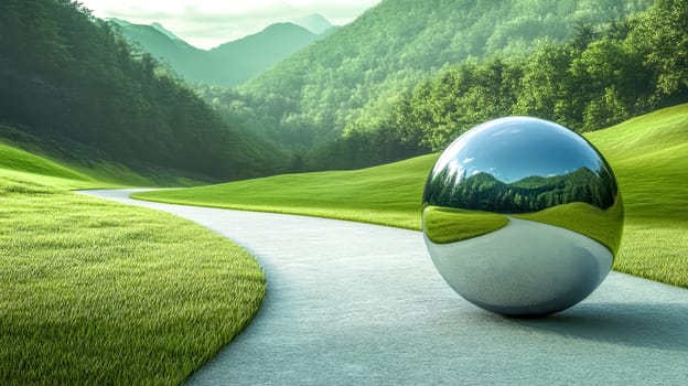 Large, reflective sphere rolls down a winding path through a lush green landscape, reflecting the surrounding scenery in its polished surface