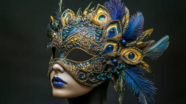 Studio shot of a mannequin head wearing an ornate face mask decorated with peacock feathers, gemstones, and gold accents, set against a dark background, exuding luxury and mystery