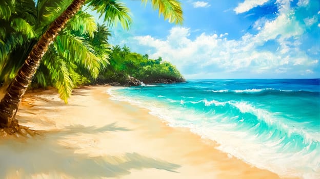 Palm trees swaying gently in the breeze on a pristine beach with turquoise water lapping at the shore and a lush green headland in the background creating a serene tropical paradise