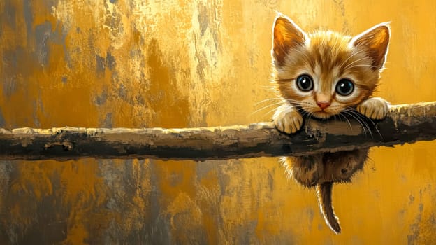 Heartwarming digital painting captures a small ginger kitten clinging onto a branch with wide, innocent eyes against a textured golden backdrop, creating a charming and endearing scene