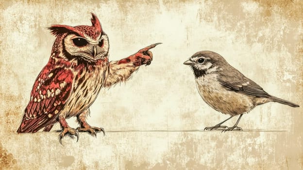 Illustration of an angry owl pointing its talon at a small sparrow while perched on a branch, conveying a sense of conflict or accusation in a vintage style