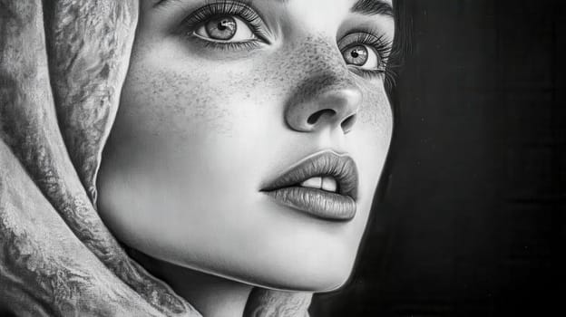 Close up black and white portrait showcasing a young woman with delicate freckles, elegantly wearing a headscarf, capturing a dramatic and expressive moment against a dark background