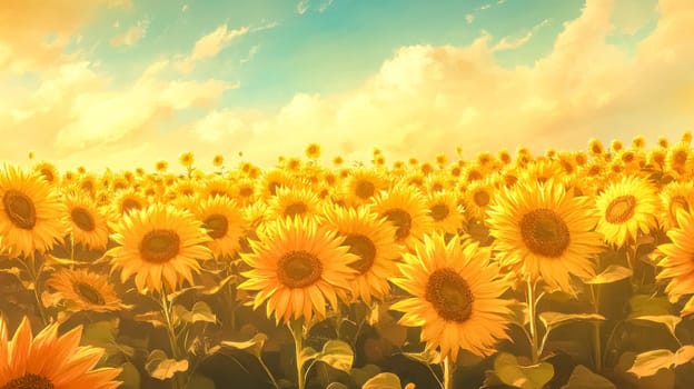 Sunflowers are blooming in a vast field, bathed in the warm glow of golden sunlight filtering through a cloudy sky, creating a picturesque rural landscape