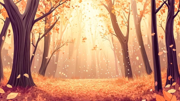 Golden sunlight filters through the colorful autumn trees in a serene forest, creating a magical atmosphere as leaves gently fall, covering the ground in warm hues