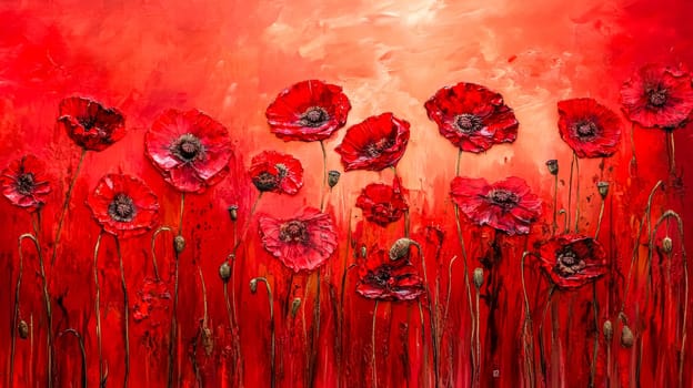 Impasto painting featuring a field of vibrant red poppies, showcasing a stunning array of shades and textures that create an enchanting floral artwork bursting with life