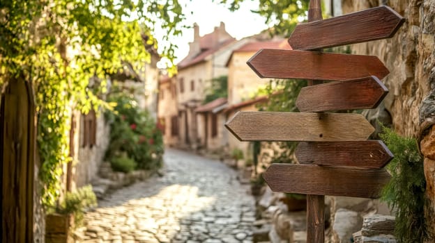 Empty wooden directional signs stand in the foreground, pointing towards various destinations within a picturesque medieval village, creating a sense of exploration and adventure