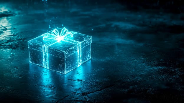 Radiant, ethereal gift box, crafted from light and water, sits on a dark, wet surface, emanating a magical glow that evokes mystery and celebration