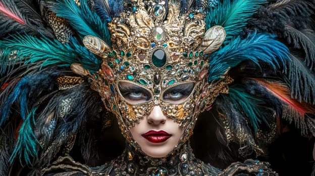 Close up portrait of a woman wearing an ornate gold mask decorated with feathers, gemstones, and intricate designs, creating a luxurious and mysterious atmosphere
