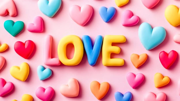 Multicolored clay hearts surrounding a vibrant love word crafted from playdough create a cheerful and romantic atmosphere on a pink backdrop