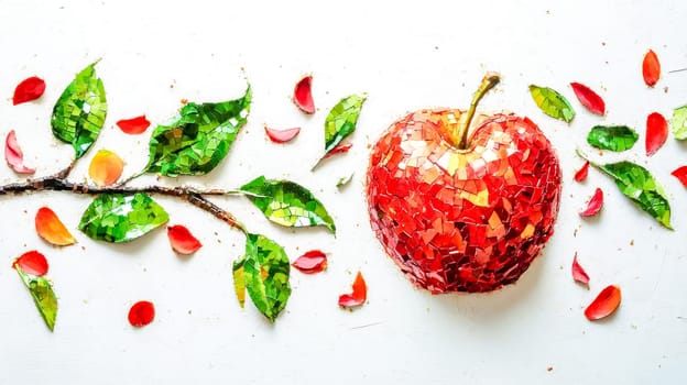 Colorful mosaic artwork of a red apple crafted from small red and green pieces, accompanied by a branch with green leaves and scattered petals on a white background