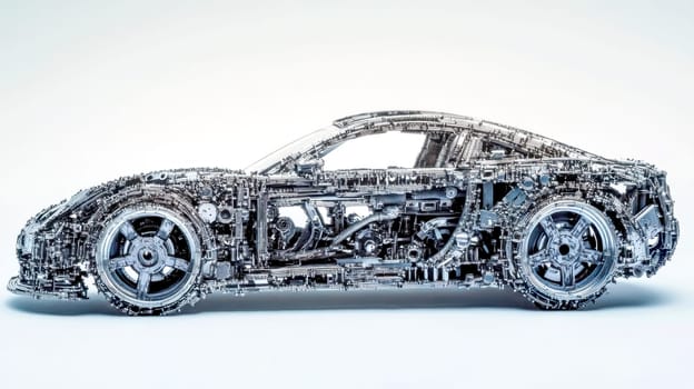 Detailed car model constructed entirely from tiny mechanical components like bolts, gears, and screws, showcasing precision engineering and creative craftsmanship in automotive design