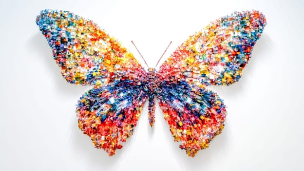 Artistic butterfly design composed of countless colorful. Tiny fragments arranged to form intricate wings. The vibrant mosaic showcases creativity. Symmetry. And vivid patterns on a white background
