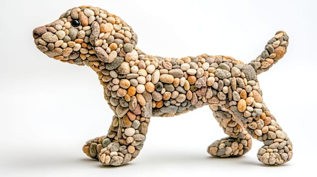 Small colorful pebbles and stones glued together forming the figure of a walking dog on a white background, creating a unique and artistic representation
