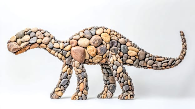 Pebbles of various shapes and colors forming a dinosaur figure standing on a white background, creating a unique and artistic representation of a prehistoric creature