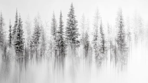 Coniferous trees covered with snow create a magical atmosphere in a misty winter forest, with a blurred effect adding a touch of mystery and serenity to the black and white scene