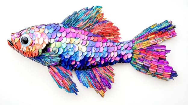 Vibrant fish sculpture crafted from numerous colorful scales, creating a striking piece against a clean white backdrop that highlights intricate artistic detail