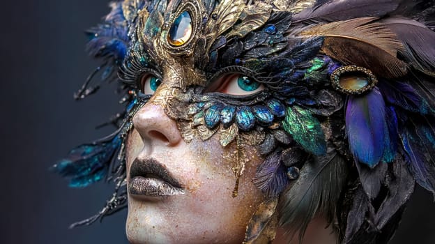 Woman is wearing an ornate face mask decorated with colorful feathers, gemstones, and gold details, creating a mysterious and elegant look