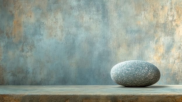 Single gray stone sits on a shelf against a textured background, creating a minimalist composition with ample copy space for text or product placement
