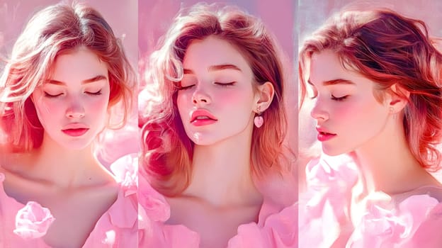 Triptych portrait of a beautiful woman with closed eyes, wearing a pink ruffled dress and heart shaped earrings, evokes a sense of serenity and femininity against a matching pink backdrop