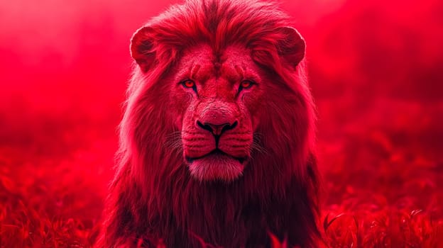 Powerful lion portrait featuring a vivid red mane and intense gaze. The red hued background enhances the dramatic and regal presence of the lion, symbolizing strength and dominance