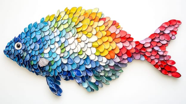 Vibrant fish shaped artwork is made of numerous small, colorful scales arranged in a rainbow gradient, creating a visually appealing piece against a clean white backdrop