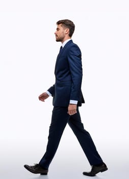Full length side view portrait of a businessman in suit walking confidently isolated on white background. Male office worker professional attire