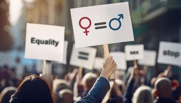 Activists holding banners with gender equality symbols during a protest parade on the street. Protesters demonstration with pancarts. Multiple female activists demand their rights