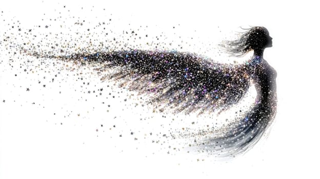 Silhouette of an angelic figure with flowing hair and wings composed of shimmering, sparkling stars against a pure white backdrop, creating a dreamy and ethereal atmosphere