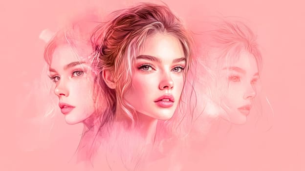 Digitally enhanced portrait showcases a beautiful woman with flowing hair, presented in three distinct shades of pink, creating a visually captivating image for fashion and beauty concepts
