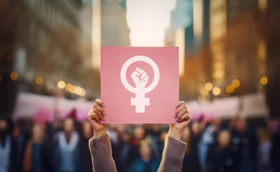 Female activist with hands raised holding up a pink banner with girl power sign during a public protest demonstration on the crowded city street. Feminist parade rally, feminism conceptual background