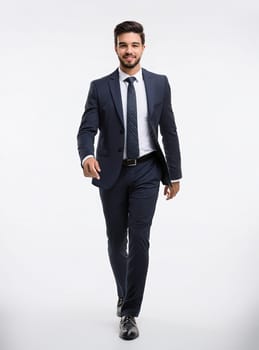 Full length portrait of a businessman in suit walking confidently isolated on white background. Male office worker professional attire and positive smile