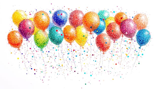 Colorful balloons made from tiny dots are floating on a white background, creating a festive and celebratory atmosphere with their vibrant colors and playful arrangement