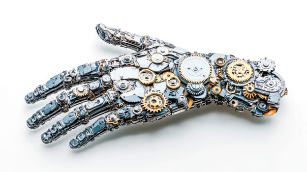 Intricate mechanical hand crafted from interlocking gears and cogs rests on a white background, showcasing the complex beauty of engineering and design