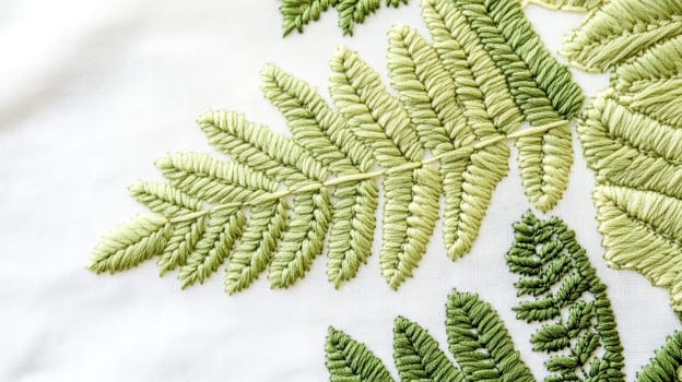 Vibrant green fern leaves are embroidered onto white fabric, showcasing various shades of green thread and intricate needlework, adding a touch of nature inspired elegance to textile art
