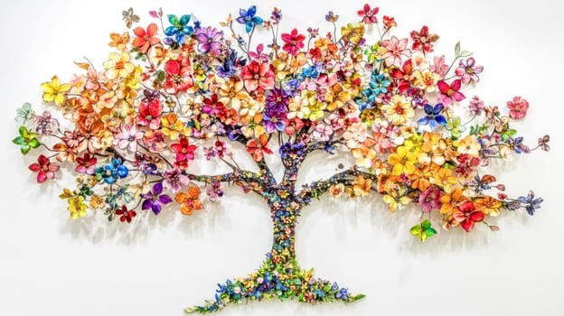 Vibrant and detailed tree artwork made of numerous small colorful flowers and leaves, creating a stunning visual display on a clean white wall