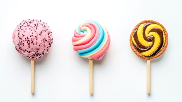 Three colorful and delicious cake pops including ice cream, swirl lollipop and cookie are lying on a white background, creating a sweet and tempting visual