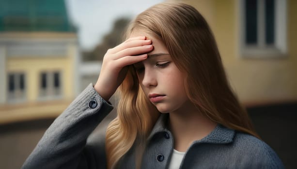 Depressed teenage girl keeps hand to forehead feeling stress. Anxious female teenager