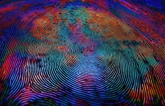 Abstract representation of a fingerprint with vibrant hues. Intricate lines and patterns create a visually striking print effect, highlighting the uniqueness identification. Personal identity concept