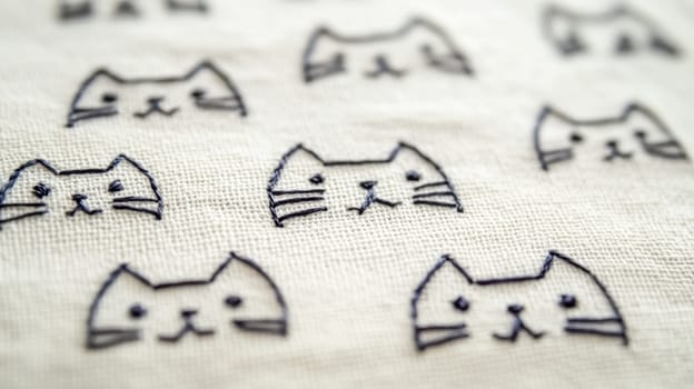 Simple line stitches form charming cat faces, repeated in a delightful pattern across a textured fabric, showcasing the art of minimalist embroidery