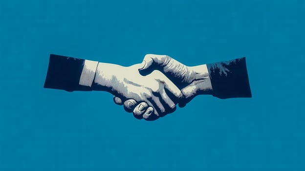 Two businessmen are shaking hands in agreement or greeting, symbolizing a deal, partnership, or peace treaty, against a vibrant blue backdrop