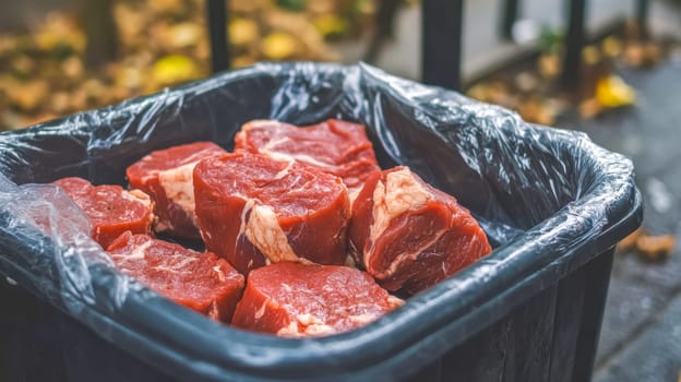 Packaged raw meat is thrown away in a garbage bin, representing food waste and loss issues, environmental concerns, and irresponsible consumerism