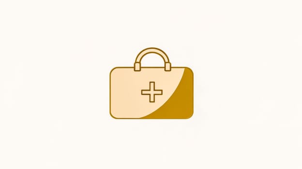 Minimalist golden medical briefcase icon featuring a prominent cross symbol, symbolizing healthcare and first aid, set against a clean white background