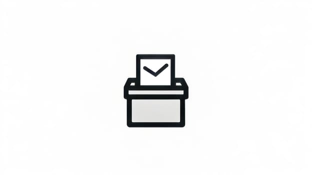 Simple ballot box icon receiving a voting paper with a check mark on a solid white background, representing the concept of voting and elections