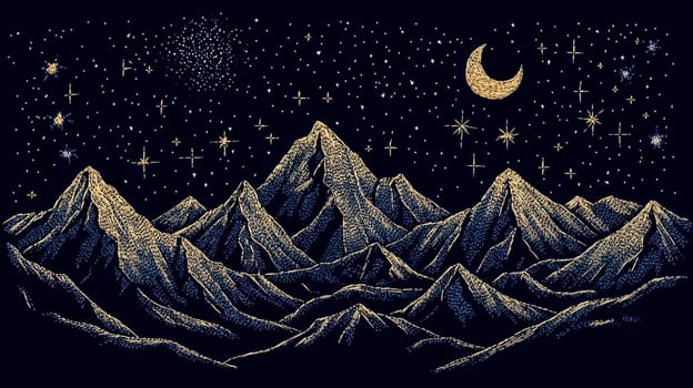 Minimalistic illustration depicting a mountain landscape at night, illuminated by a crescent moon and shining stars, creating a peaceful and magical atmosphere with a textured, grainy appearance