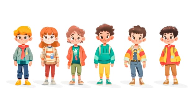 Cheerful group of six cartoon children is standing against a white background, showcasing diverse clothing styles and hairstyles, creating a playful and inclusive scene