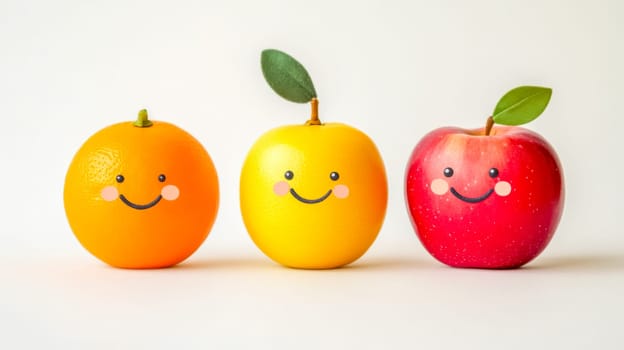 Featuring an orange, a lemon, and a red apple adorned with cheerful painted smiles, creating a lively scene on a white background that embodies a healthy and happy lifestyle
