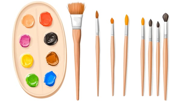 Set of art supplies is displayed, featuring a palette with vibrant paint blobs and an assortment of paintbrushes, creating a scene ready for artistic expression