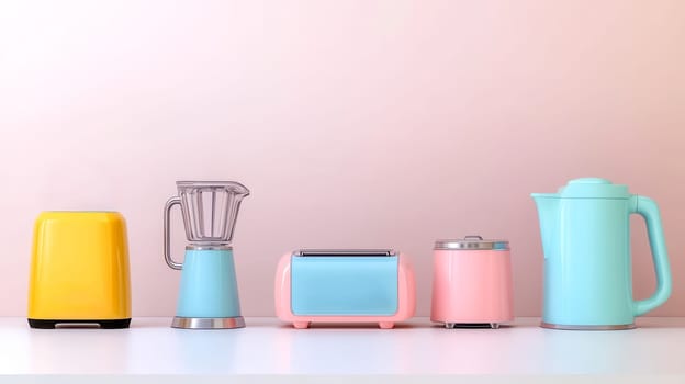 Displaying colorful kitchen appliances like a blender, toaster, electric kettle, and food processor on a white countertop against a pastel pink wall, creating a stylish kitchen scene